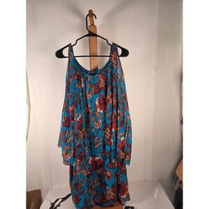 INC International Concepts Floral Cold Shoulder Pleated Dress Teal Blue 3X